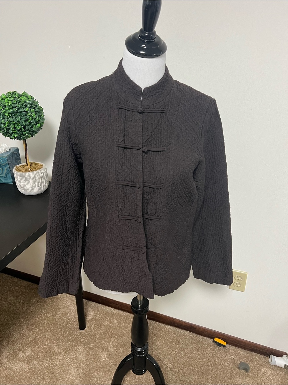 Eileen Fisher Black Textured Mandarin Collar Jacket
